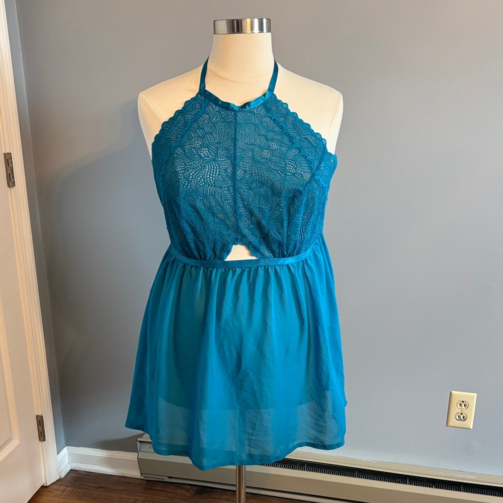 Cacique Teal Lace-Trim Halter Chemise